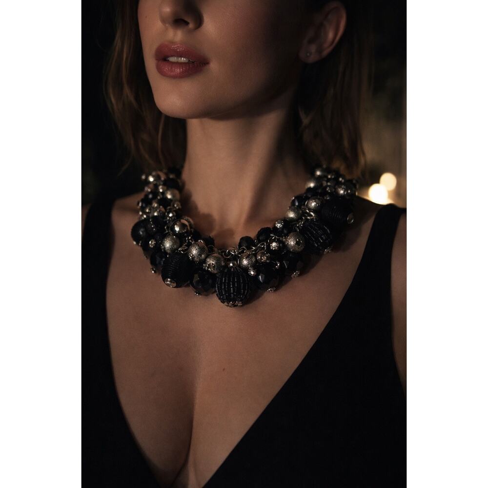 Black Statement Necklace Silver Tone | Chunky Cluster Beads | Cocktail Jewelry